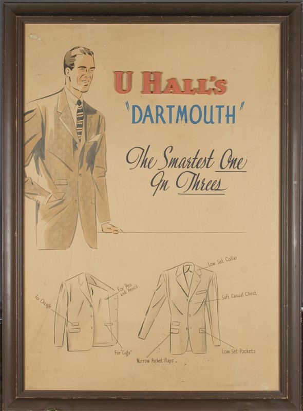 Early 20th C. Hudson's Advertising Painting: Sketched art for U Hall's "Dartmouth" by Ralph Lauren depicting a gentleman in suit coat with an open and closed coat below. 34" H x 24" W, "Sketched for Hudson's" in LR. "J.L. Hudson Co. Detroit Mich