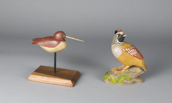 (2) Carved & Painted Birds California Quail, & Sh: The shorebird painted dark barn red, with white belly, and painted feathers, natural beek, mounted on display stand. 7.25"L, circa 1940's very nice carving.The Quail very well carved and signed W. Whe
