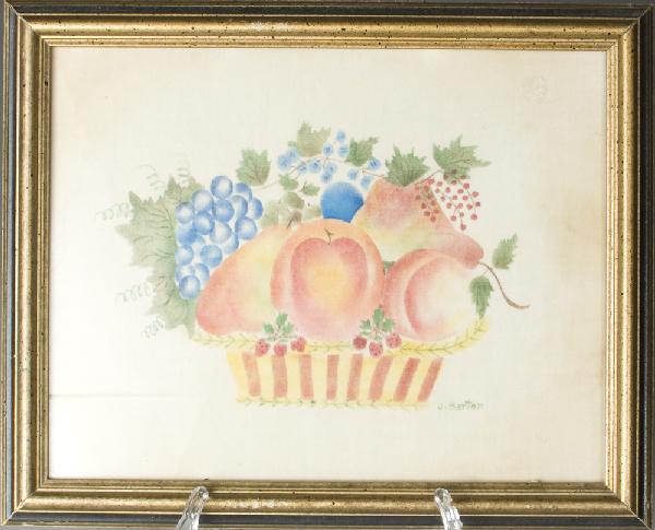 Jane Barton, Theorem Painting on Velvet: Jane Barton, 20th C. Michigan. Depicts basket of peaches, grapes and raspberries. 8.75" H x 11.25" W (sight), signed in LR. Date of 1973, artist information and information on theorem paintings writte