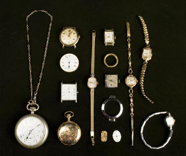Grouping of Watches and Watch Parts: Includes a Waltham pocket watch, a Eaton pocket watch, ladies Bulova, Hamilton and Staromatic watches, and more. Unknown working condition.