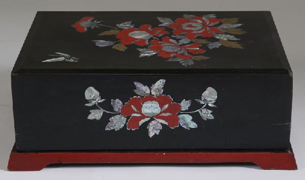 Japanese Lacquered & Inlaid Storage Box: Black lacquered box with removable lid with floral abalone inlay on top and sides. Beneath is 1.5" pull out tray and reveals large storage below. Additional red paint on edges, and flowers. 5.75" H x 