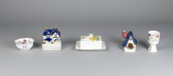5 Piece English & Staffordshire Porcelain: Includes a Wedgwood egg cup, a James Kent covered butter dish, a Aynsley small oval bowl, a Staffordshire cottage bank with cobalt roof, and a Staffordshire Pastille burner. Butter dish has small crac