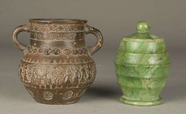 Very Fine Greek Pottery Urn & Alabaster Jar: Two handled urn with figural designs in center band and geometric designs throughout, in dark brown and black. 4.75" H, hand made in Greece and Greek wording on bottom. Together with a hand carved gre