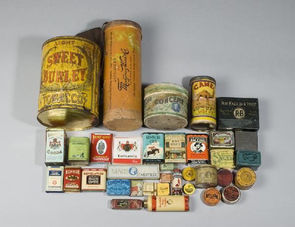 Large Collection of Antique Tins & Boxes: Includes a "Light Sweet Burley Tobacco" tin, an "Edison Records" circular box, a "Montgomery Ward & Co." catalog circular box, and numerous small spice, cocoa, and ointment tins. All with wear consist