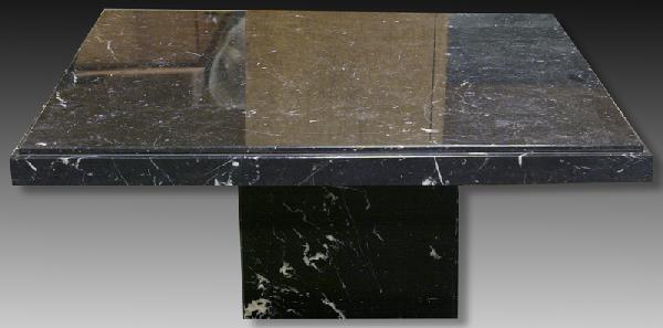 Very Fine Italian Marble Coffee Table Ca. 1940: Black verigated top with white and gray inclusions. Edge with 2 tier drops. Sits on a matching square base. 40" Sq. by 17" H and very heavy. Purchased at JL Hudson's in 1940 at a cost of $900.00. Priv