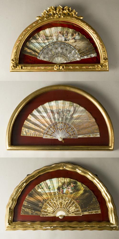 ( 3 ) Ivory and MOP Mounted Fans In Shadowboxes: The fans all signed one with gilt mounts with ivory, one with mop with gilt highlights all mounted in richly gilded shadow box frames probably Italian. Largest is 18" H x 25"W, one frame with 5" stres