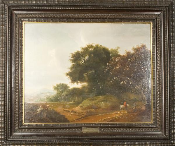 After Meindert Hobbema Oil Painting On Board: Depicting a landscape with people, horses and dogs, signed lower right J. Sanz c. from Hobbema. 18"H x 23" W sight circa early 20th Century.