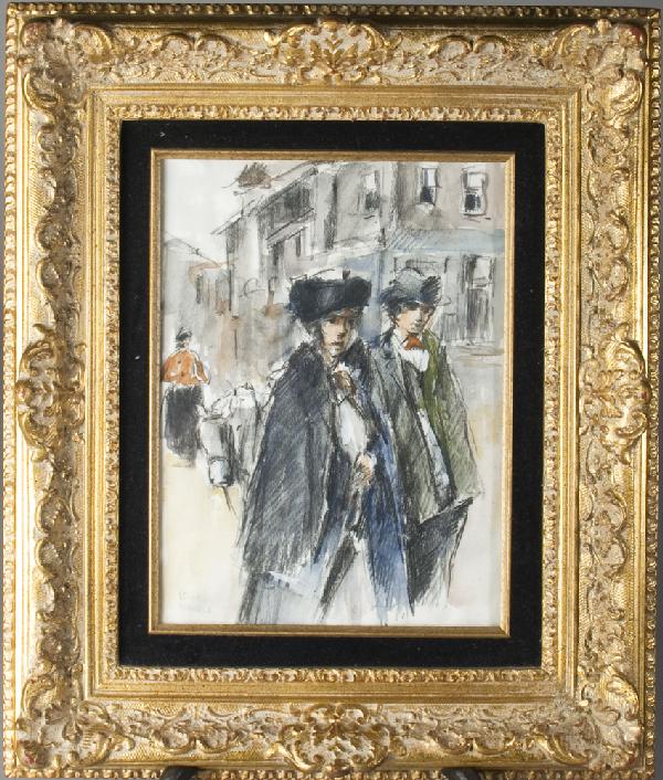 Isaac Israels Pastel On Paper: Depicting a man and woman walking with a horse and a building in the background. Issac Israels ( 1865 - 1934 ) Netherlands was known for his landscapes and cityscapes, signed lower left. 11.25" H x 8.