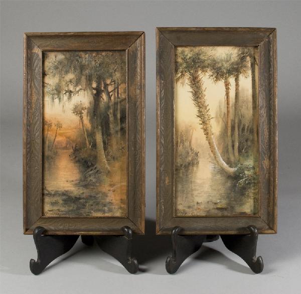 Pr. James Ralph Wilcox Watercolors On Paper: Depicting Florida swamp scenes. James Ralph Wilcox ( 1866 - 1915 ) was a Florida artist known for his swamp scenes, both signed lower left. One 15.5"H x 7.5"W one 15"H x 7.5"W both in original frames