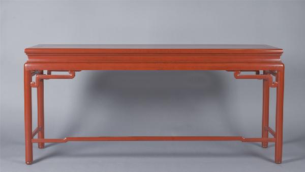 A Fine Qing Lacquered Altar Table: Rectangular top with four shaped top supports and four shaped joined stretchers.27" H x 59" L x 15.5" D. Two small scratches to top of table, otherwise very nice condition. Private collection Rocheste