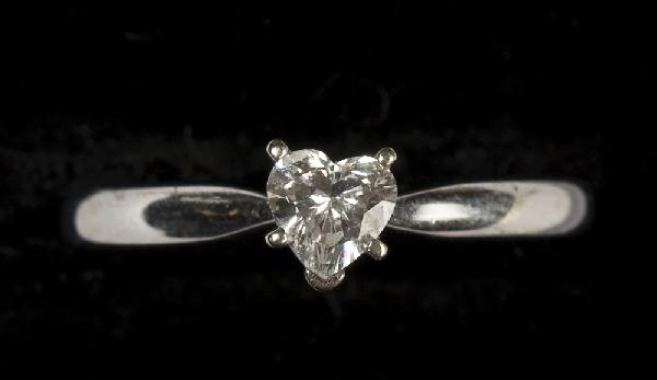 Ladies 14K White Gold & Diamond Solitaire Ring: Diamond solitaire heart shaped, 1/3 carat. Size 6.5.