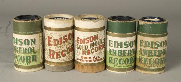 Collection of 5 Cal Stewart Edison Cylinders: Includes "Uncle Josh's Birthday," "War Talk at Pun'kin Center," "Uncle Josh's Huskin' Bee," "1912 Show Troupe at Pumpkin Centre," and "The County Fair at Pumpkin Centre." All boxed.