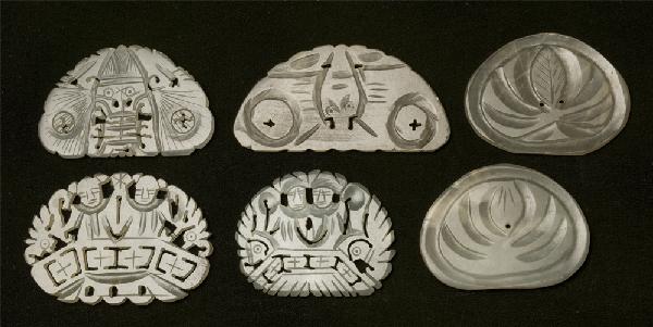 (6) Finely Carved Chinese Qing Jade Plaques: All translucent jade and half moon shape. All depicting figures, insects and bats. Largest measures 2.25" L, smallest measures 1.75" L. 19th Century. Private collection Holly, Michigan.