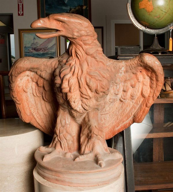 Exceptional Fornace Masini Terracotta Eagle: A monumental eagle made by the Masini family Ca. 1940. In 1939 the Masini family acquired an antique "Vanni" earthenware brickyard and kiln. The original 19th C. moulds are still used today with the p