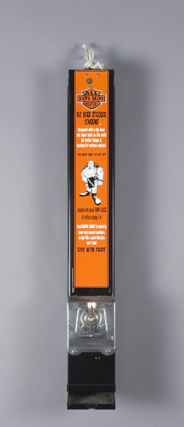 Unique Harley Davidson Condom Machine: "Hawg Skins All Nighters" Big Bore Stroker Condom machine with Harley logo, wording and a censored image of a Harley rider. Made by Advance Machine Co. Chicago. And Pat'd 11-5-12 and 4-24-23. 32" H.