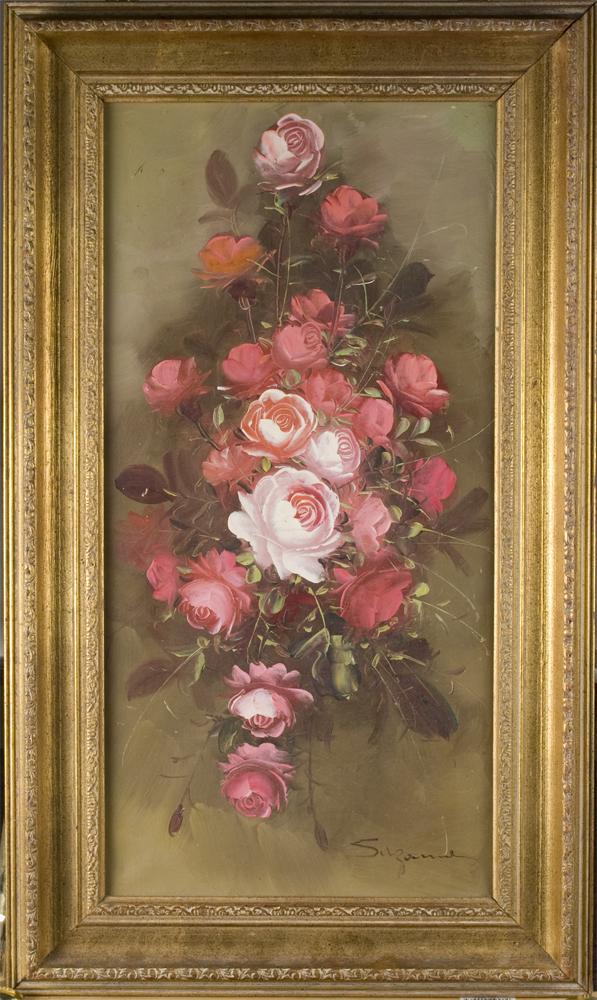 Suzanne, Oil Painting on Canvas: Depicting a floral rose swag in various hues of pinks, whites, orange and green. 24" H x 12" W (painting), signed in LR. 20th Century.