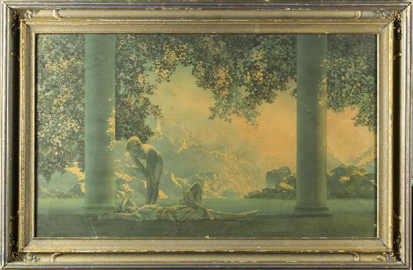 Framed Maxfield Parrish Print: "Daybreak," depicting two young girls amid columns. This print was very popular and said to have been hung in one out of every four American homes. 18" H x 30" W, (sight), framed behind glass.