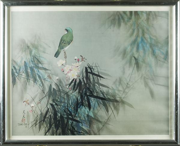 David Lee, Framed Print: Depicting a single turquoise/green bird atop pink blossoms. 22" H x 28" W, (sight), framed behind glass, printed signature in LL and dated 78. Warping to print, mainly right side.