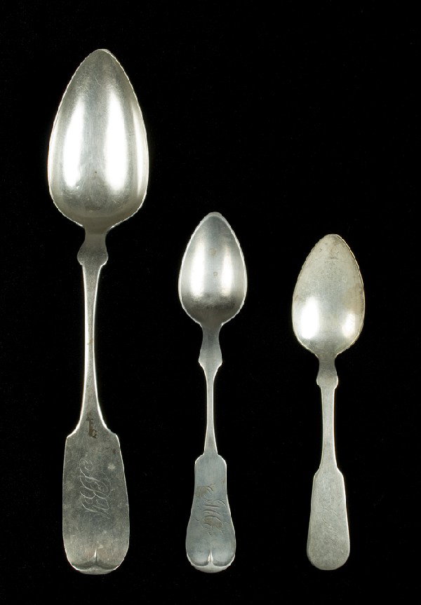 (3) Antique Coin Silver Fiddle Shaped Spoons: Includes large serving spoon by Cowles & Albertson (1849-1858). A tea spoon by J. Kneffly and another tea spoon by Parker. Longest measures 9", all with monograms. 82 grams TW.
