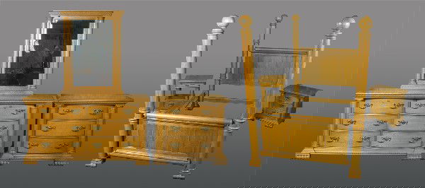 (6) Piece Pulaski Oak Bedroom Set: Includes large column four poster bed with headboard, footboard and rails, 7' H x 63" W x 92" L. A three drawer night stand, 28" H x 28" W x 17" D. A two drawer night stand with open center with colum