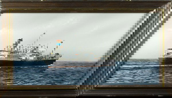 Herbert Weintraub Watercolor with Tempera on Board: Herbert Weintraub, 20th Century, New York. Very well and detailed painting of a transport ship in water. 12" H x 24" W (sight), signed in LR. Framed behind glass.