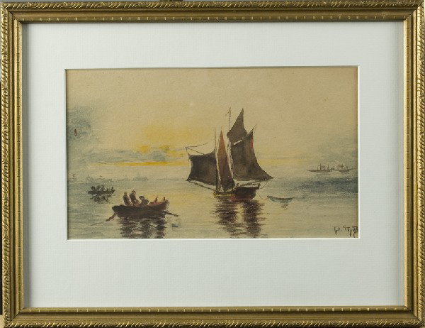 Attb. To Frank Myers Bogggs, Watercolor on Paper: Depicting a sailboat towing a small boat with other boats and figures nearby. 5" H x 9" W (sight), signed F.M.B in LR. Matted and framed behind glass. Late 19th/Early 20th Century.