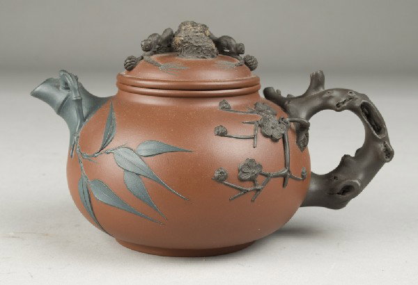Important Chinese Yixing Three Friends Tea Pot: Made by He Hanping the eldest daughter of He Daohong, the senior crafts master and her instructor at the Yixing purple clay factory #1. She joined the factory in 1985, and her early works were the sim