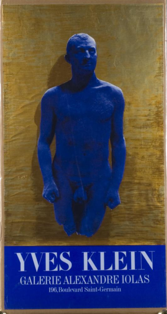 Yves Klein Collage Poster of Henry Moore: Nude male figure laid on metallic copper and gold background. 31" H x 16.5" W, unframed, circa 1960's.