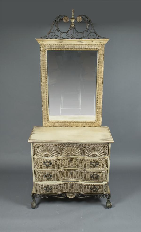 Wood and Wicker Hall Chest & Mirror: Four drawer hall chest with top drawer decorated with seashell form decorations. Remainder with wicker accents to front and sides, resting on four iron feet with scrolling designs. 36" H x 38.5" W x 1