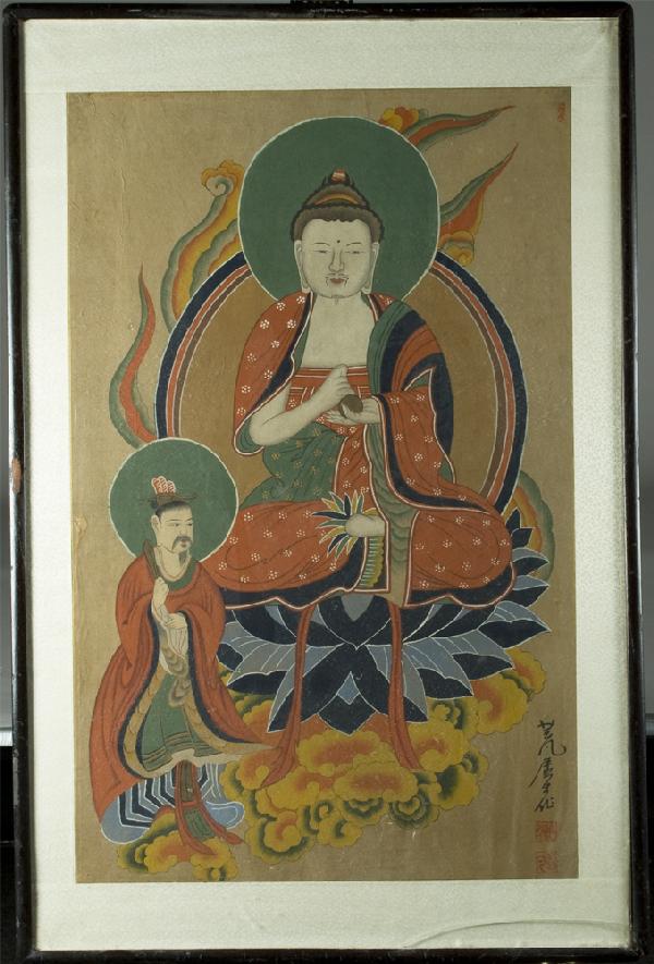 Antique Korean Painting on Paper: Depicting a colorful Buddha on lotus with halo, and smaller figure with halo to Buddha's right. Signed in LR with two seals, silk brocade matting. 29.75" H x 18.75" W (sight), framed behind glass. Sma