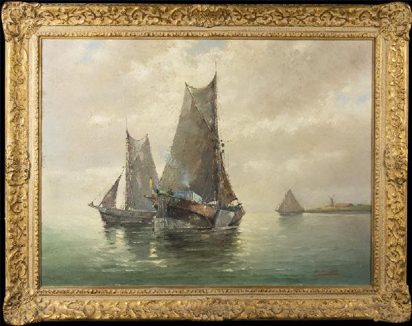 Franz Ambrasath Oil Painting on Canvas: Franz Ambrasath, 1889-1974, Germany. Depicting sailboats on the water. 24" H x 31" W with 3.5" for mat and frame, signed in LR.