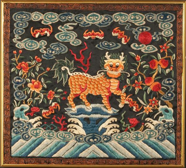 Finely Woven Chinese Rank Badge: Finely woven in silk to depict a hoofed mythical beast surrounded by bats amongst floating clouds and cherry blossoms. The edge with Greek key border, mounted in a newer gilt decorated frame. 12.5" W 