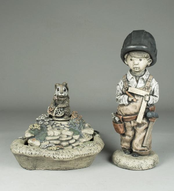 Bunny Water Fountain & Carpenter Boy: Includes a water fountain with small bunny atop stones and flowers, 10.5" H x 12.5" W. Together with a statue of a young boy dressed in overalls and with a carpenter belt and hat, 18" H.