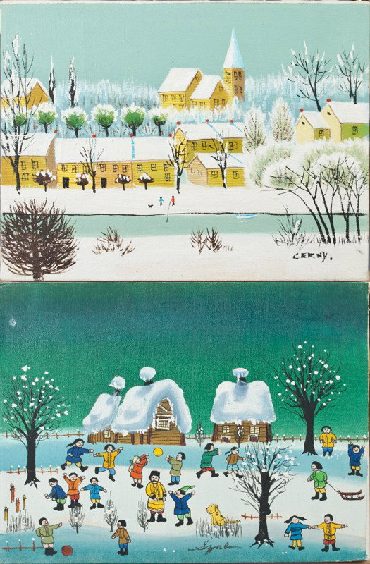 Pr. Of Folk Art Oil Paintings on Canvas, Signed: Includes a painting depicting children playing in a winter scene, signed illegibly in BM. Together with a painting depicting a town in winter with figures about, signed Cerny in LR. Both measure 9.25"