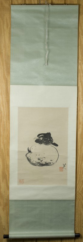 Chinese Scroll Painting by Ba Dashanren: Ba Dashanren, 1626-1705. Long watercolor painting attached to scroll depicting a crow atop a piece of fruit, with silk brocade in cream and green. Seal mark in LL, seal mark and signature in LR. 24" H
