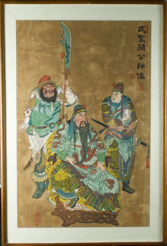 Antique Korean Painting on Paper: Depicting central Lord on wood stand with two others beside him, all with numerous decorations and clothing, in vibrant colors. Signed in UR, with four seal marks in red, and seal mark in LR and LL. S