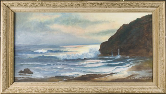 Helen Conner, Oil Painting on Canvas: Depicting a sunset over a beach with the tide coming in and large rocks nearby. Very well painted. 12" H x 23.5" W (painting), signed in LR and dated '69.