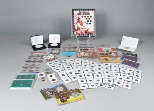 Large Collection of Coins Including Silver: Includes "The Vanishing Native American Penny Collection," proof sets, "North American Wild Turkey Grand Slam," steel pennies, commemorative coins, wheat pennies, buffalo nickels, 2009 Lincoln Cent ro