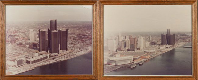 Pr. Of Aerial Photos of Downtown Detroit: Depicting aerial photos of downtown Detroit riverfront with the former Renaissance Center, now G.M. Headquarters, Cobo Hall, Joe Louis and the Ford Auditorium with the Boblo boat in dock (in one of th