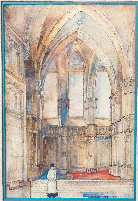 O.V. Bunker Watercolor Painting on Paper: Depicting a cathedral scene, beautifully detailed with figure in religious garments standing in the vaulted arched cathedral. 10.25" H x 6.75" W, signed and dated '25 in LR. In a good 1920's gesso ove