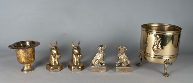 Collection of (6) Brass Articles: Includes a large three-footed planter with pineapple design, 13.25" H x 12" Dia. A urn form planter with grape and leaf designs, 8.75" H. A pair of filled horse head bookends, 9.5" H. And a pair of fi