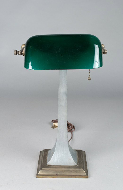 Vintage Emeralite Desk Lamp: Brass and metal desk lamp with green glass shade with original sticker, 17.75" H.
