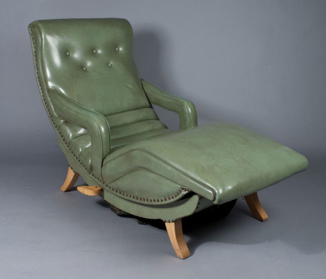 Vintage 1950's Television Chair-Lounge: Made by Contour Chair Lounge Co. St. Louis, MO. Green vinyl molded contours to fit your size. Also tilts to recline fully, and rests on four wooden legs. 35.5" H x 53" L x 25" W. Surface grime consist