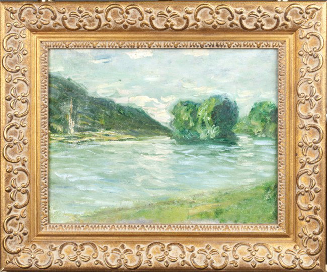 Oil Painting on Canvas, Blanche Hoschede-Monet: Tag en verso reads, "Blanche Hoschede-Monet, Island on the Seine, Giverny, France, about 1930, From the estate of my aunt Blanche Hoschede-Monet, James P. Butler." Also signed in pencil J. Butler on b