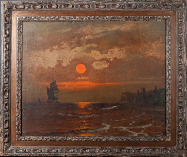 Felix Ekblad Oil Painting on Canvas: Painted to depict boats in a harbor against a moonlight sky, Felix Ekblad (1852-1923) was an American artist known for his seascapes, signed on verso, 24"H X 29"W sight, circa 1900, condition minor sp