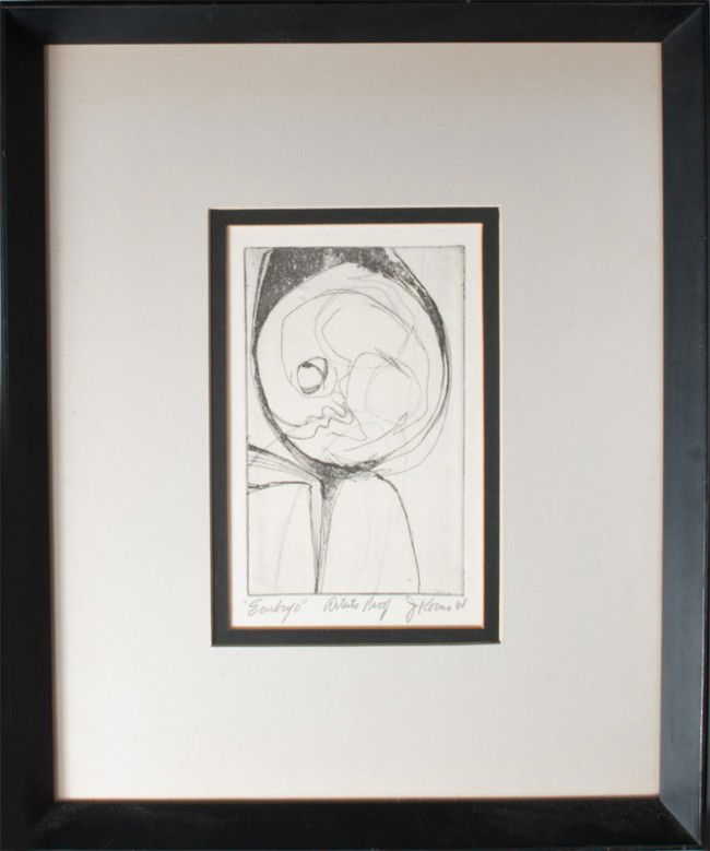Jeff Koons, Etching on Paper: Titled "Embryo," Artist Proof. Titled, signed and dated 1968 in pencil. Jeff Koons, born 1955, was a New York artist known for his sculpture-and factory product pop art. 6.875" H x 4.25" W (sight), 14