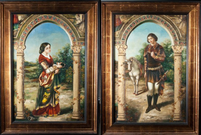Pr. Of Oil Paintings on Stretched Canvas: Depicting a male and a female in Renaissance clothing, with raised gold colored paint embellishments. Nicely framed matching pair. 36" H x 24" W (sight). Some craquelure in sky.