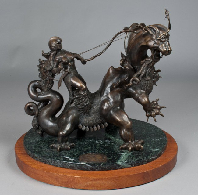 A Fine Angelo Roncari Bronze: Titled "Georgina's Dragon," finely cast to depict Georgina riding a two-headed dragon. Mounted on a marble and wood base, very well cast and very heavy. 19" W x 18" H. Circa early 20th century. Privat