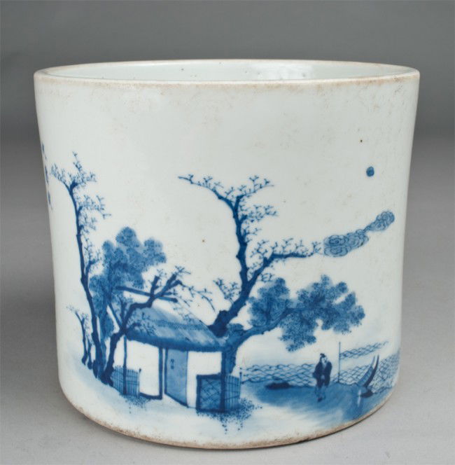 Chinese Blue and White Porcelain Brush Pot: Decorated with figures next to a wooded house the reverse with multiple lines of calligraphy, the bottom with four character mark in underglaze blue, 6.75"H X 7.735"W, private collection Grosse Pointe