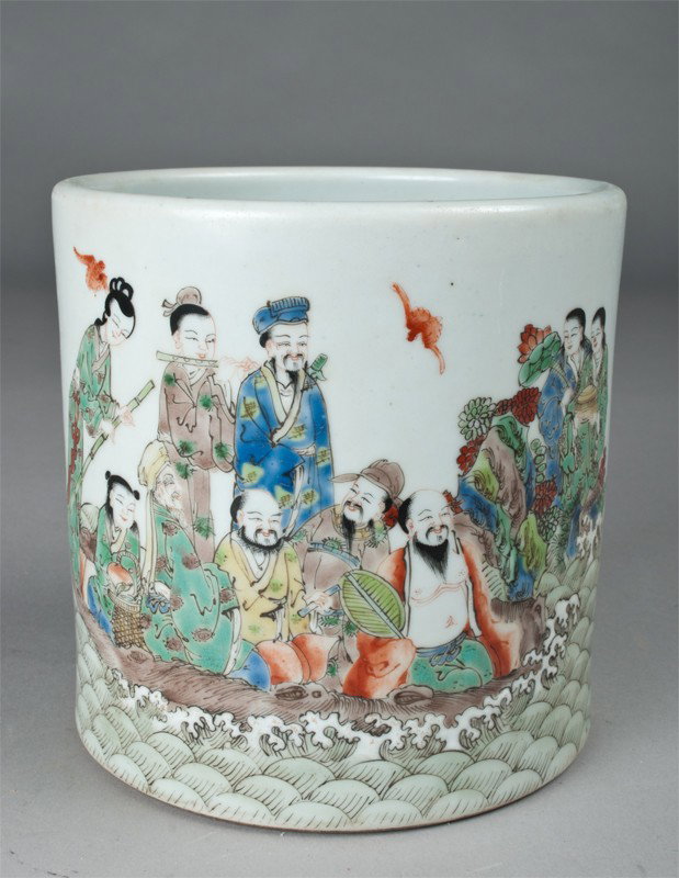 Chinese Famille Rose Porcelain Brush Pot: Finely decorated with 11 figures and bats within a landscape, signed with 6 character mark in blue glazed 6.75"H.
